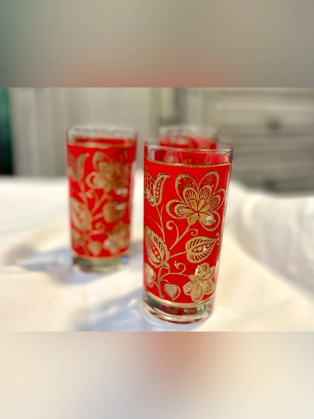 *VINTAGE* 3 MCM Libbey Gold/Red Tapestry Highball Glasses - Leaf/Floral Tumblers